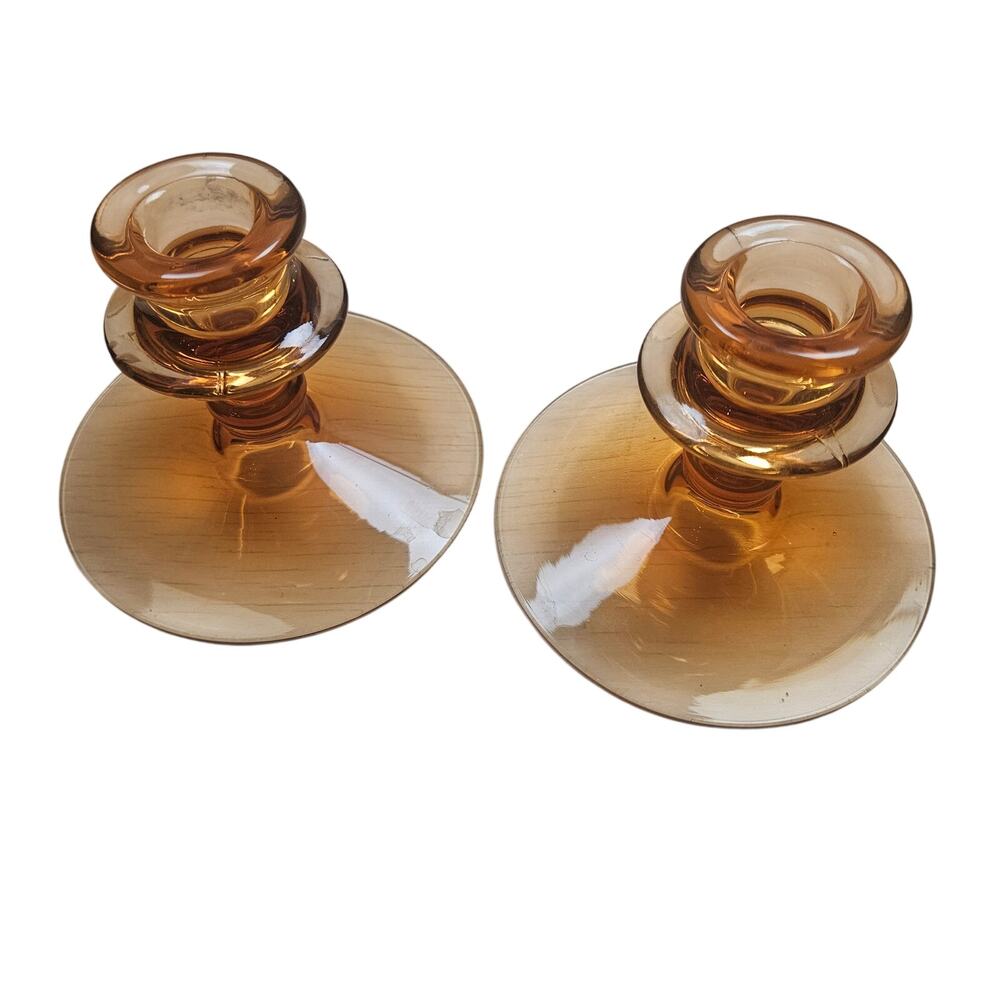 Fostoria Line 2324 Amber Elegant Glass Short Candlestick Holders Pair Vintage